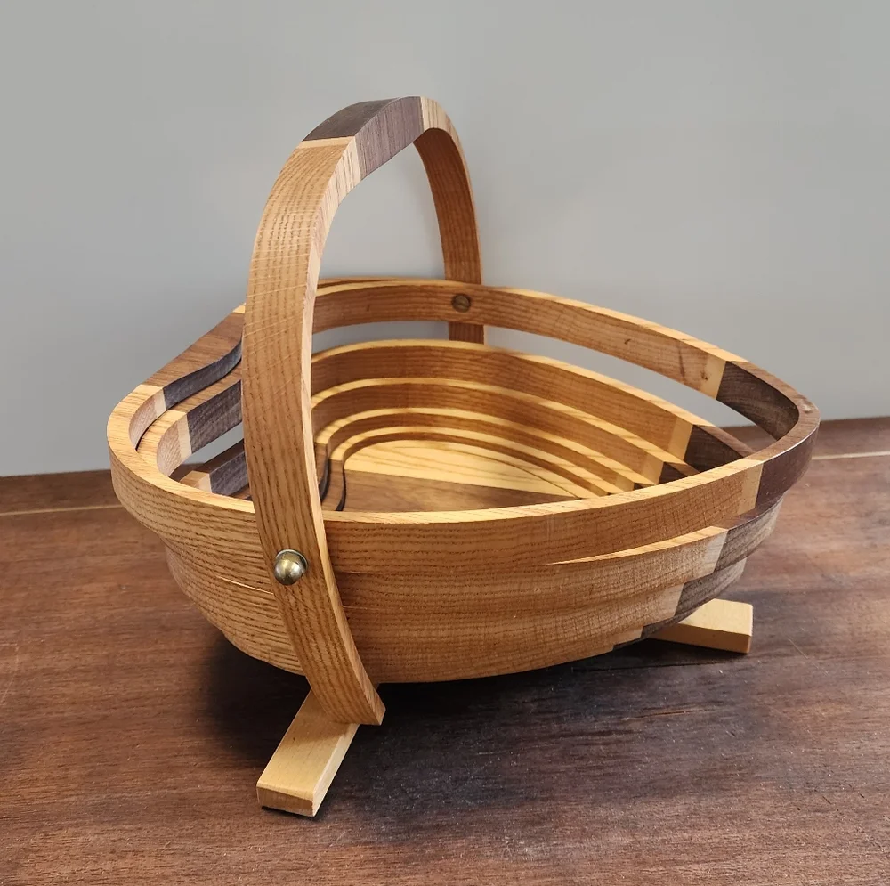 Handmade Vintage Heart Suspended Spiral Wood Folding Basket, Spring Folk Art - Picture 2 of 6